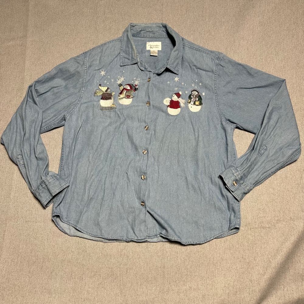Vintage Christopher & Banks Snowman Embroidered Denim XL Christmas Grandmacore